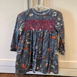 Mini Boden dress. Animal print, purple smocking.